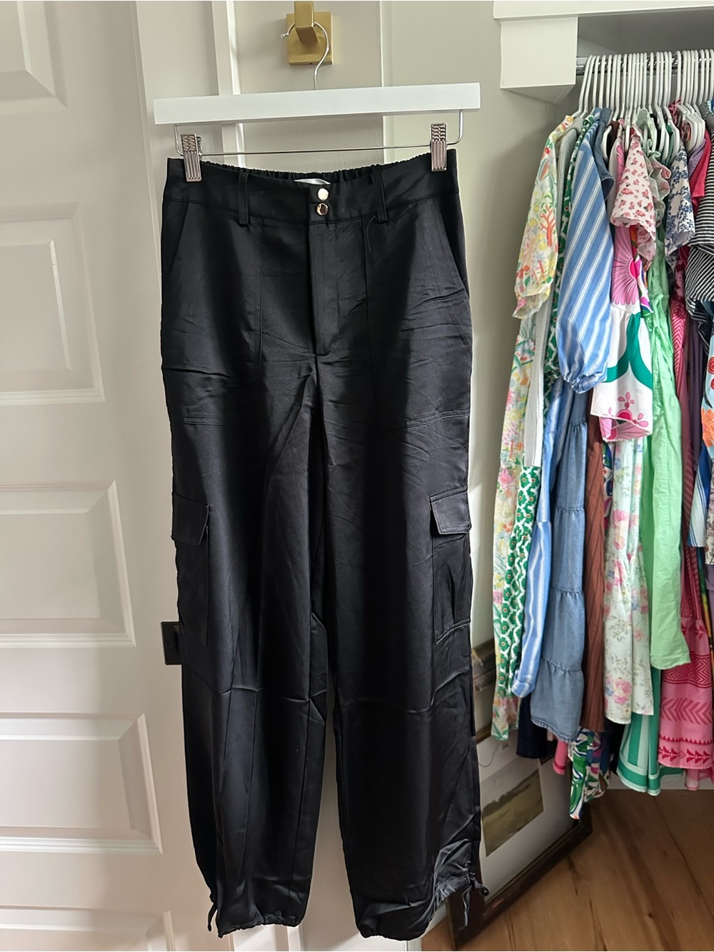 Black Cargo Satin Wide-Leg Pants